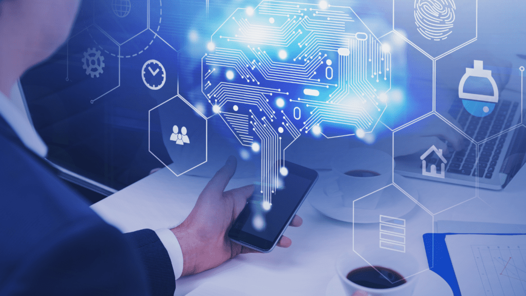 An image showing a hand holding a phone with icons coming out of it to represent artificial intelligence