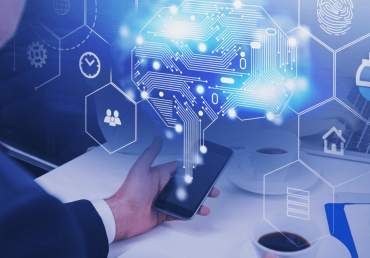 An image showing a hand holding a phone with icons coming out of it to represent artificial intelligence