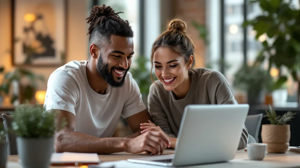 Two British professionals assist a customer on a MacBook in a stylish, modern office with warm lighting, plants, and minimalist decor.