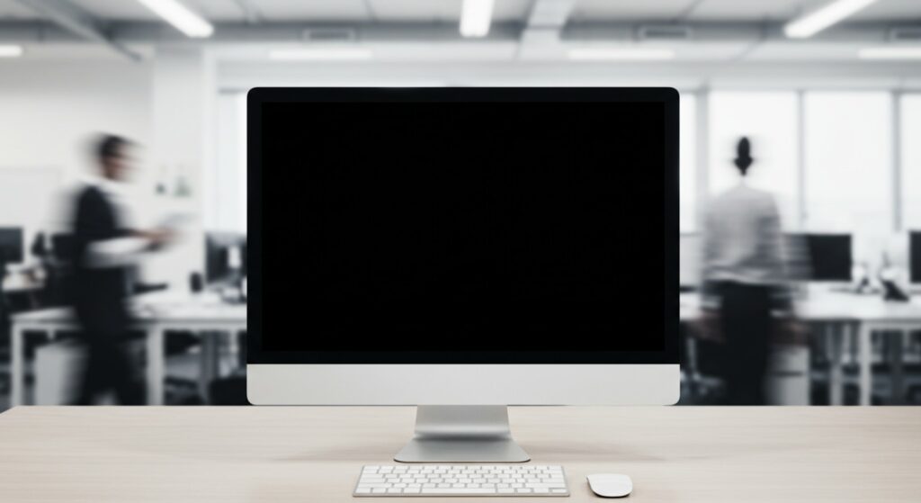 A computer screen sits in an office.