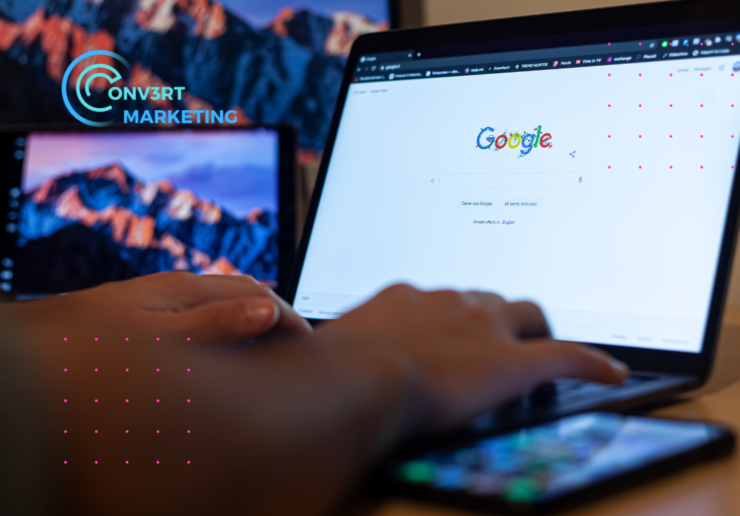 Hands typing on a laptop with the google home screen open