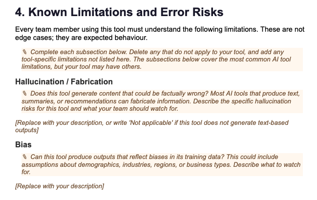 A screenshot from the AI Tool Usage Guide template, showcasing the known limitations and error risks